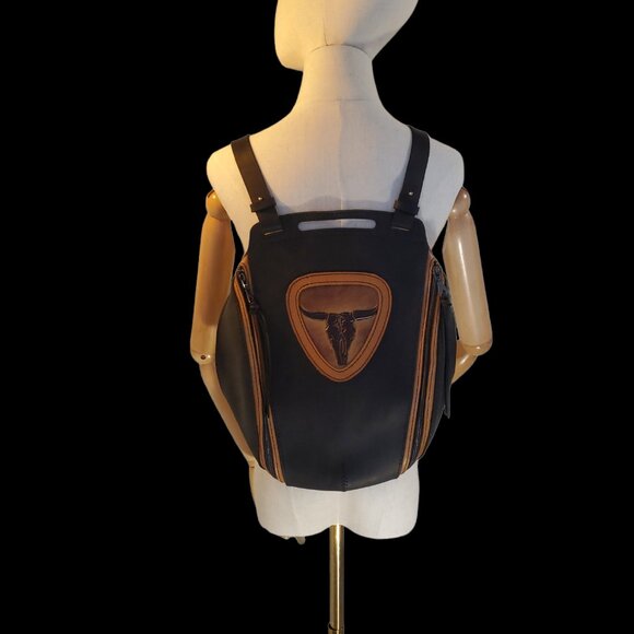 Handcrafted Genuine Leather Black and Brown Backpack Bag - Picture 5 of 8